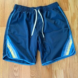 Fair Harbor Blue Athletic Shorts with Yellow and Blue Stripes